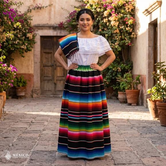 Traditional Mexican Sarape Dress Set, 3 Piece Outfit with Blouse, Skirt & Rebozo - Picture 4 of 9